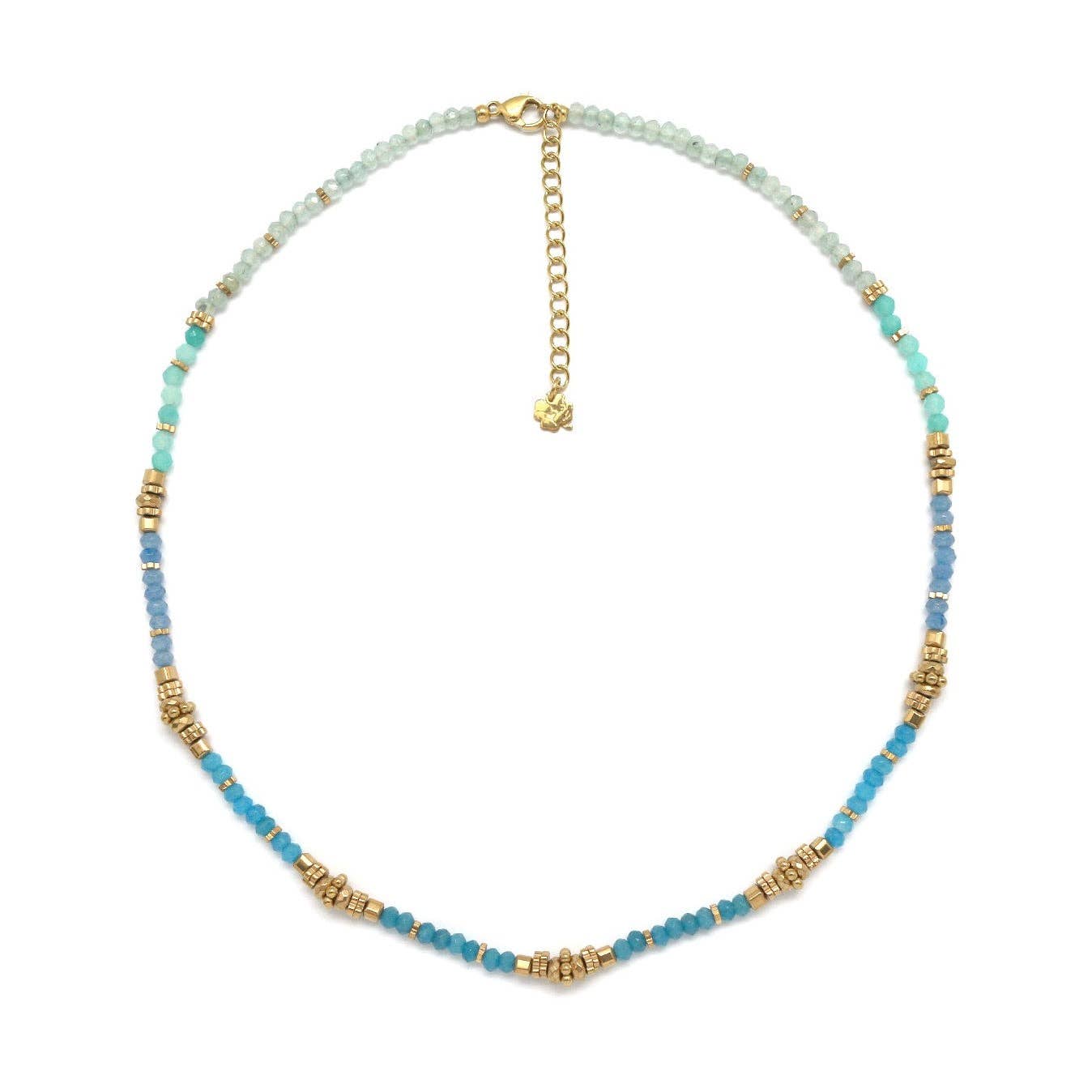 Blue Semi Precious Stone and Gold Bead Short Necklace