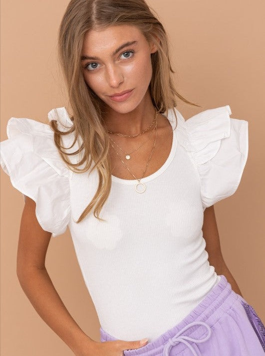 Puff Ruffle Rib Bodysuit Top