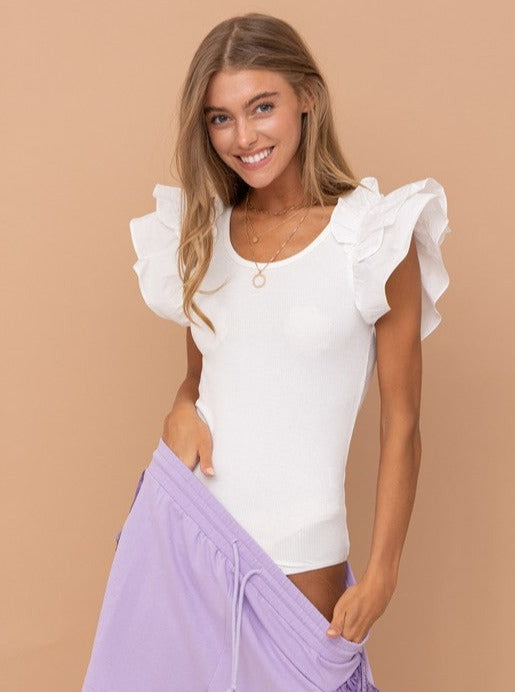 Puff Ruffle Rib Bodysuit Top