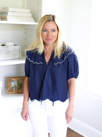 Navy Contrast Scalloped Top