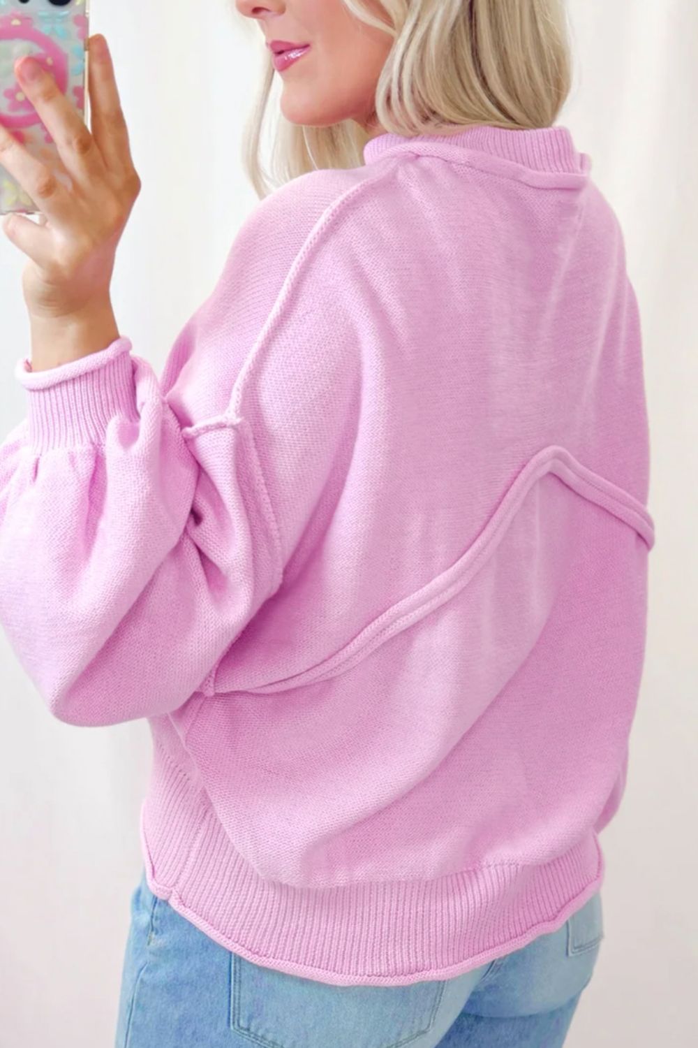 Pink Roll Hem Ribbed Sweater