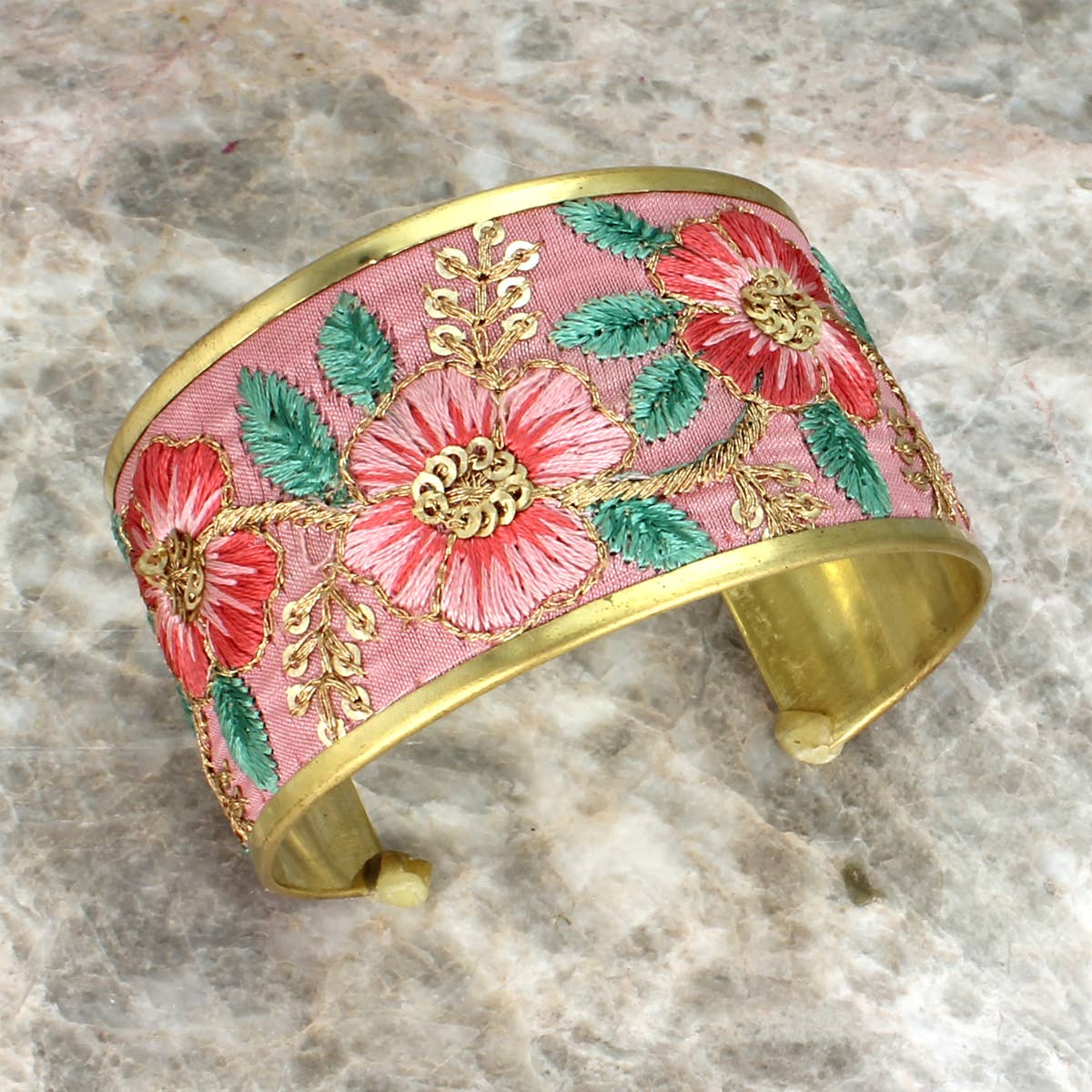 Pink Floral Embroidered Cuff Bracelet (Small)