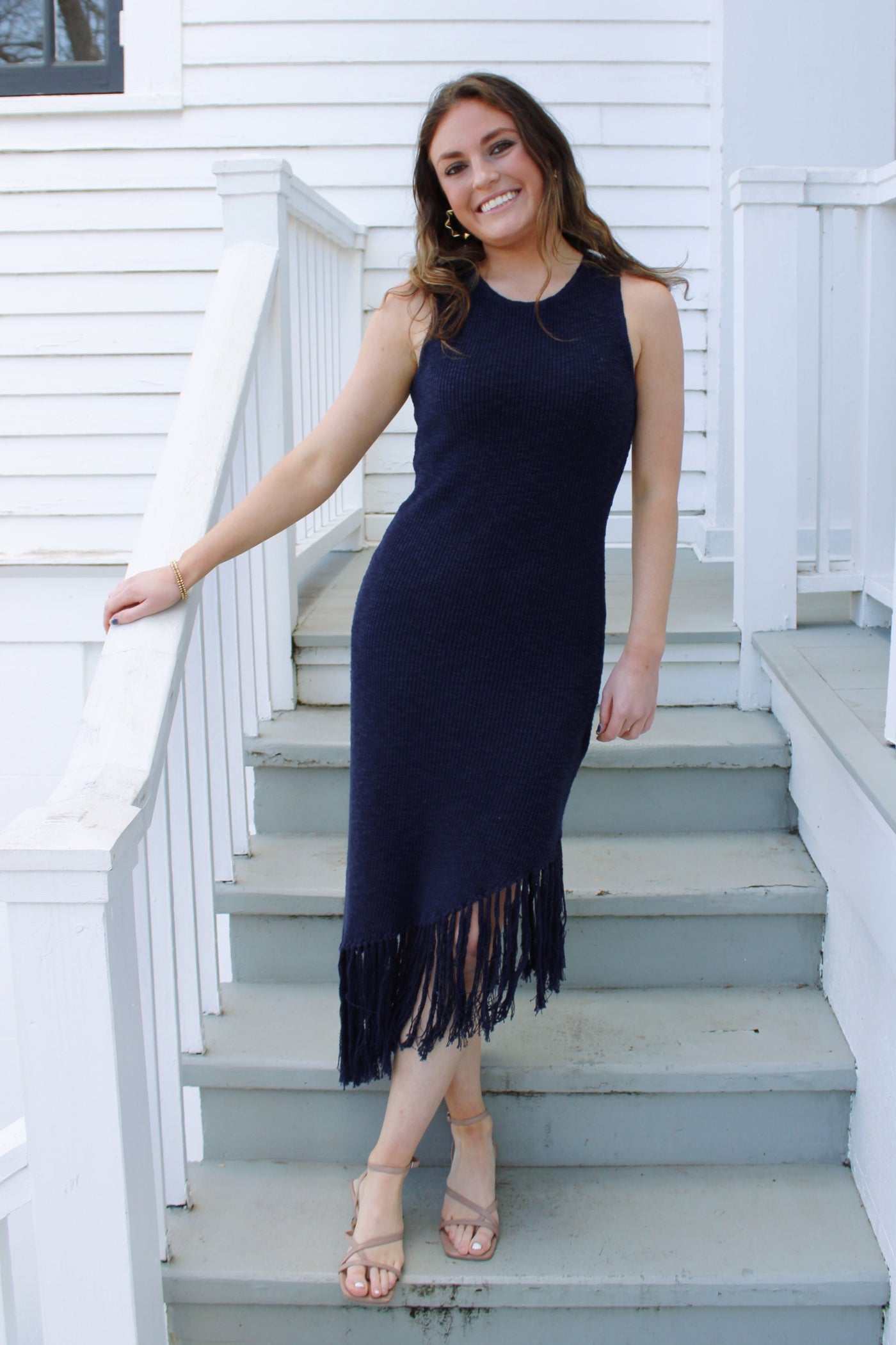 Navy Fringe-Trimmed Dress