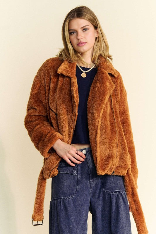 Fuzzy Zip Up Collared Jacket