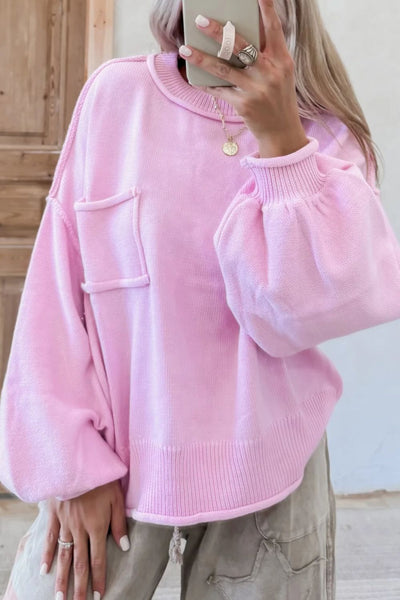 Pink Roll Hem Ribbed Sweater