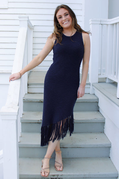 Navy Fringe-Trimmed Dress