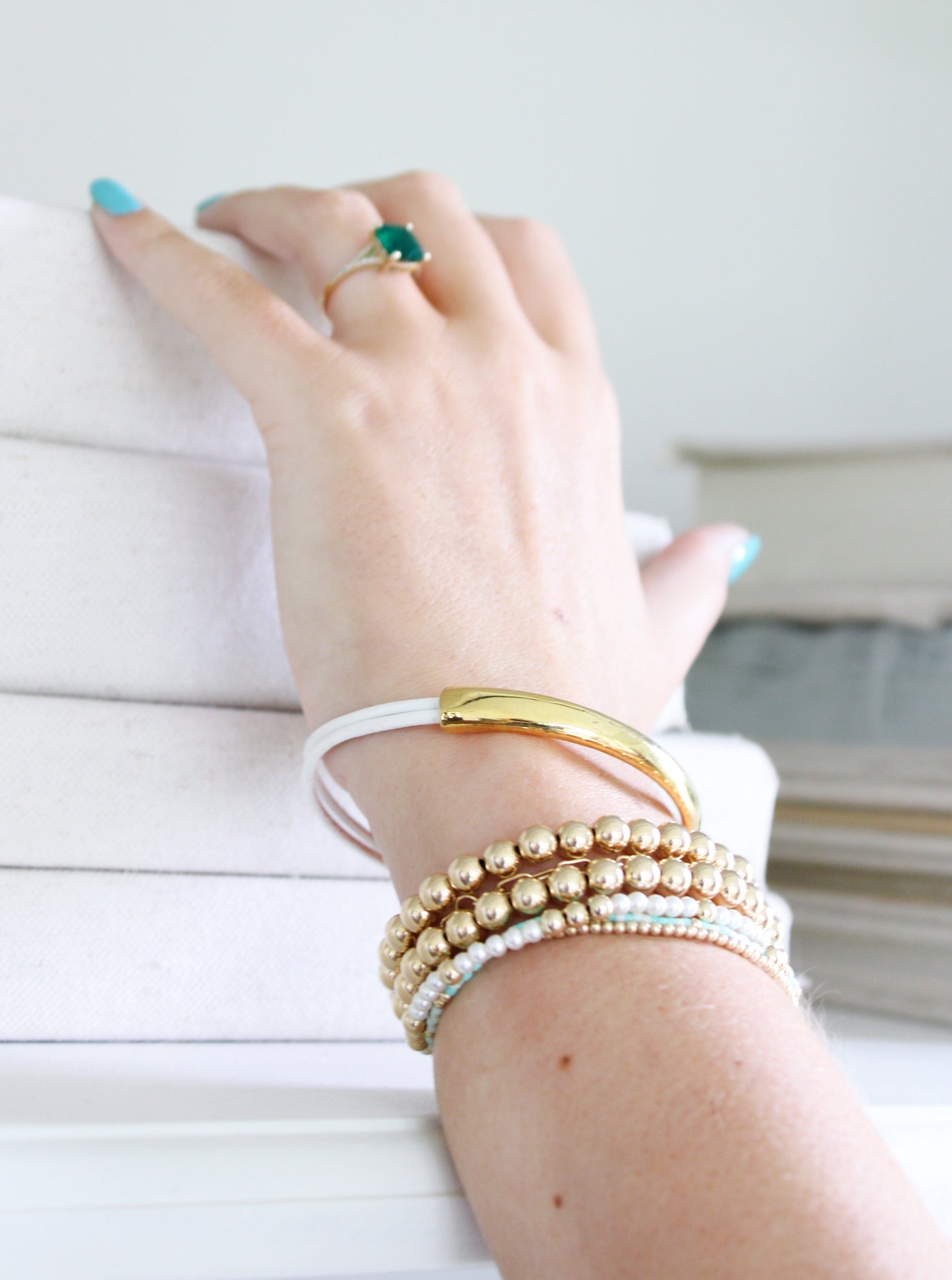 White Leather Gold Bangle Bracelet